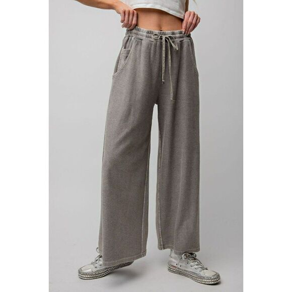 Easel Inside Out Mineral Washed Terry Knit Wide Leg Pants in Ash EB41437 - Picture 2 of 5